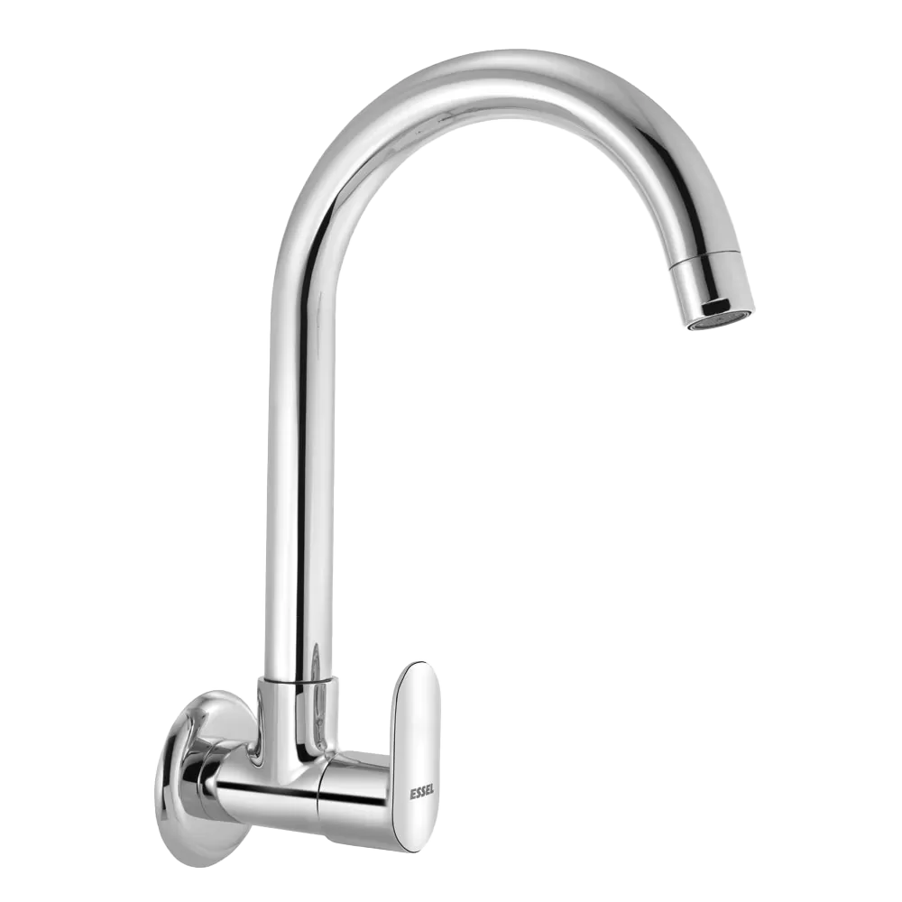 123254 - Sink Cock Wall mounted with full  motion EXTENDED spout and wall  flange and Aerator